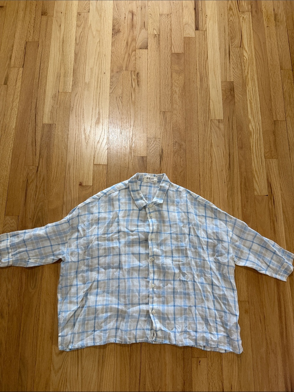 CP Shades x Garnet Hill Blue Tan Checkered Stripe 100% Linen Blouse Sz XL